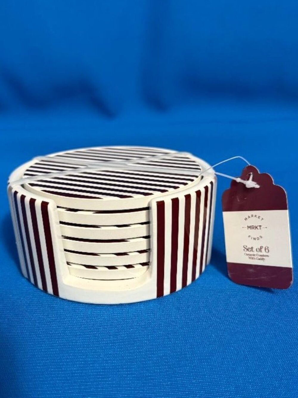 NEW SET OF 6 GORGEOUS CERAMIC & CORK TYPE COASTERS WITH CADDY HOLDER RED & WHITE